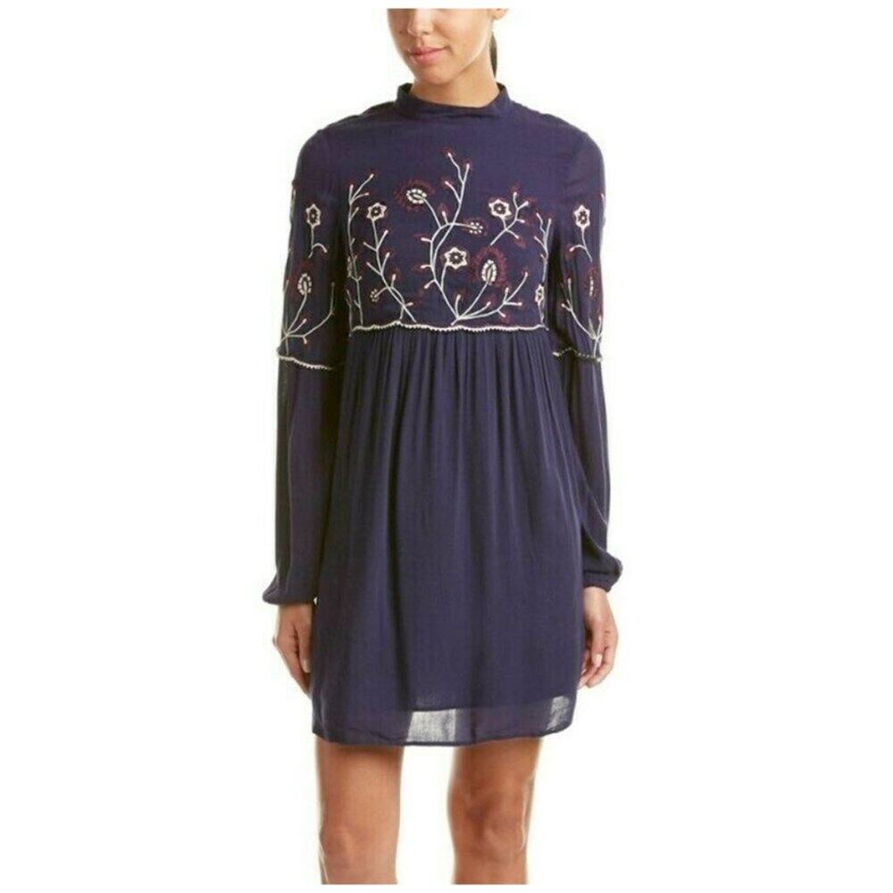 Parker Sadie Floral Embroidered Shift Dress Long Sleeve Navy